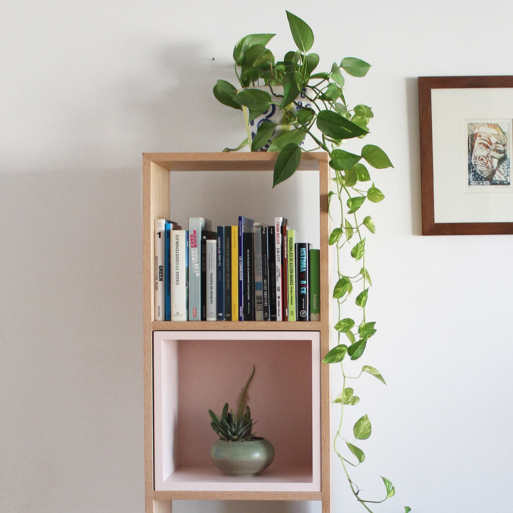LIBRERO JUNCAL CON CUBO ROSA EN MADERA NATURAL