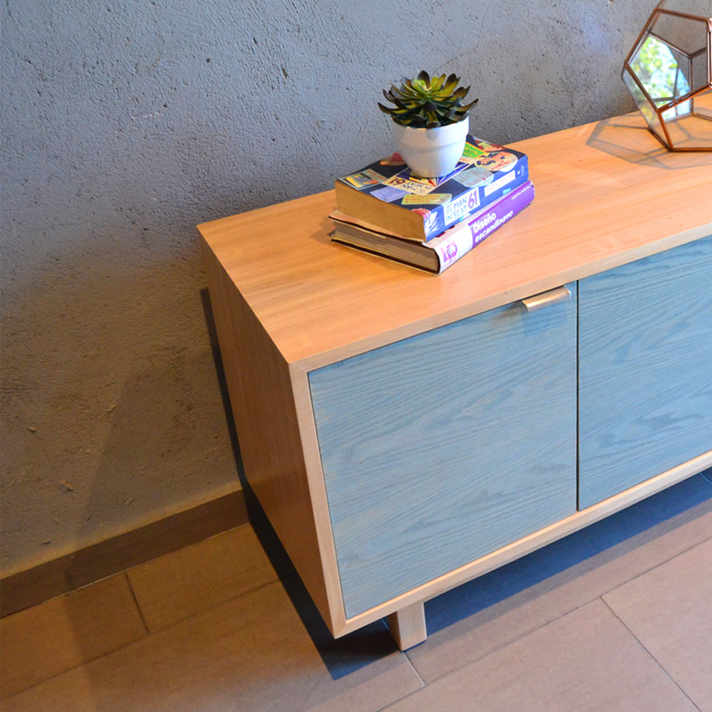 Rack Tv Aysen Madera Natural y Celeste 150 cm