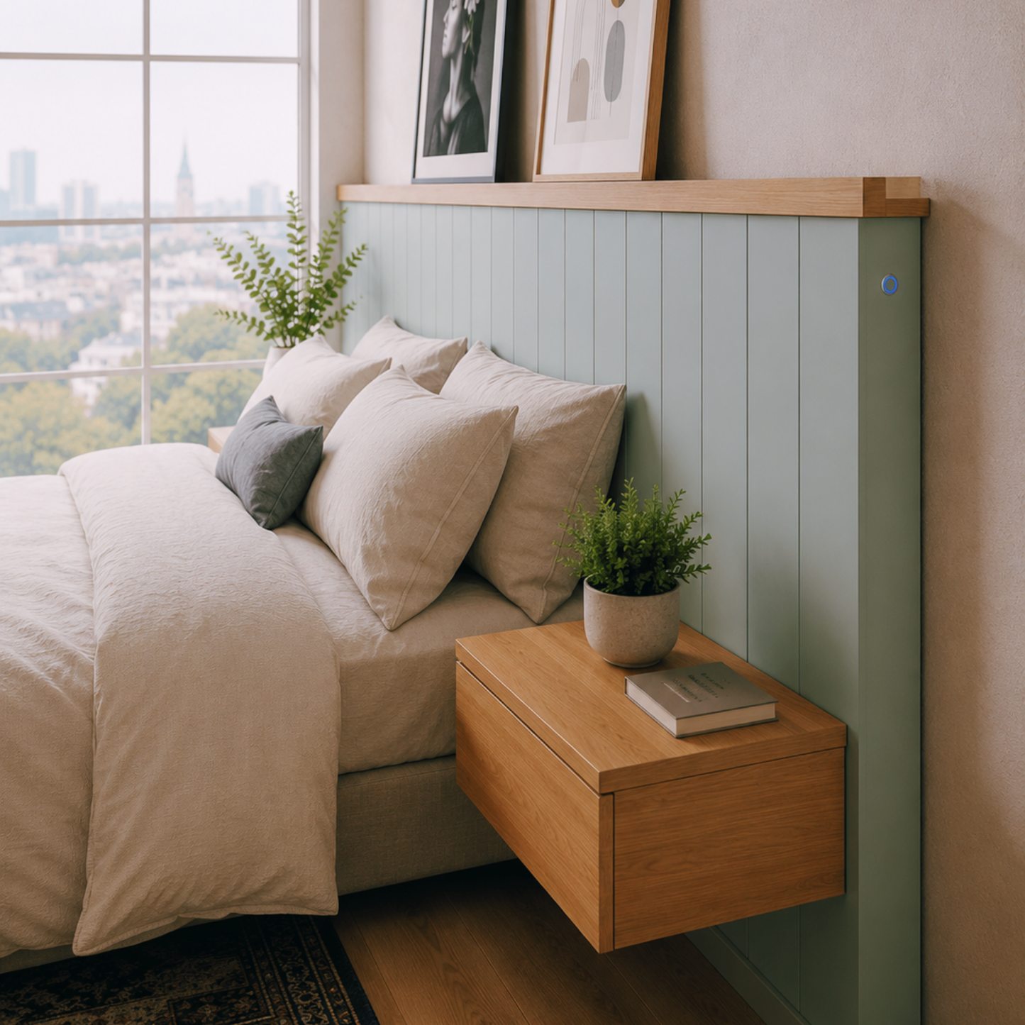 RESPALDO DE CAMA VERDE AGAVE Y MADERA