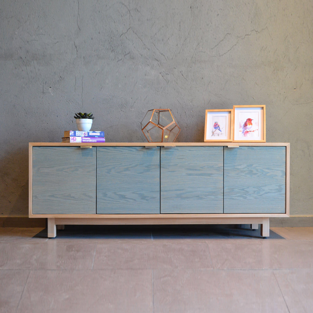 Rack Tv Aysen Madera Natural y Celeste 150 cm