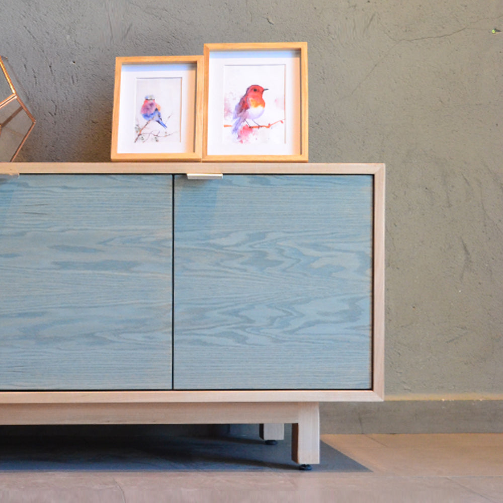 Rack Tv Aysen Madera Natural y Celeste 150 cm
