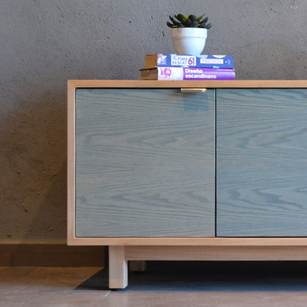 Rack Tv Aysen Madera Natural y Celeste 150 cm